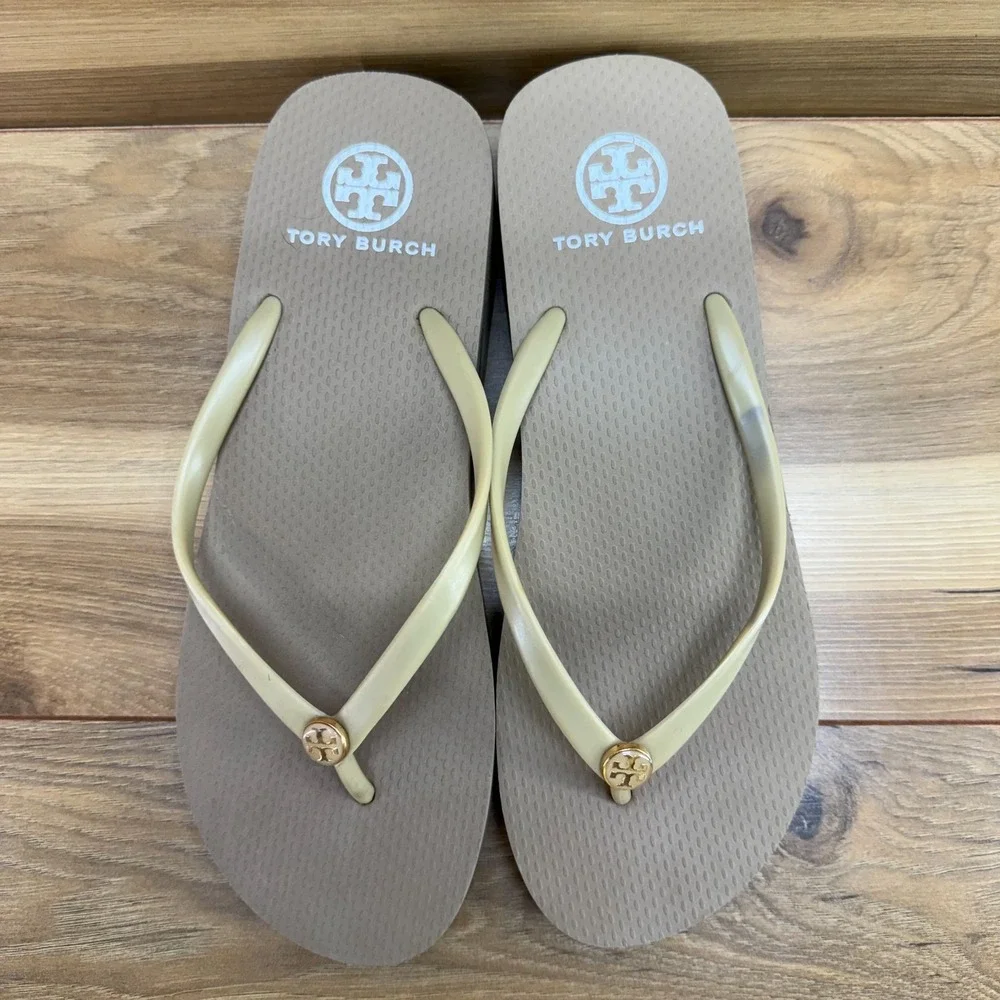 Tory Burch Flip Flops Wedge Womens 8 Beige Neutral Rubber Thong Vacation Resort